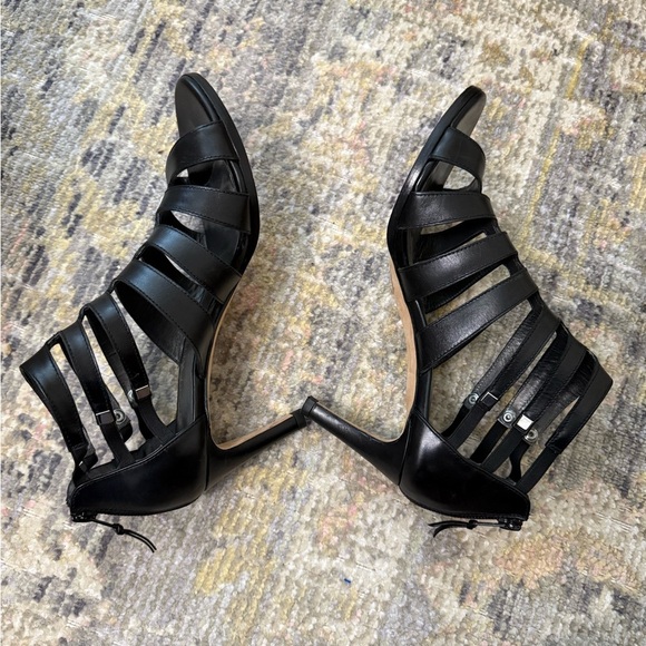 Stuart Weitzman Outing Heeled Sandal Black Leather Strappy Cage Design - Picture 6 of 16